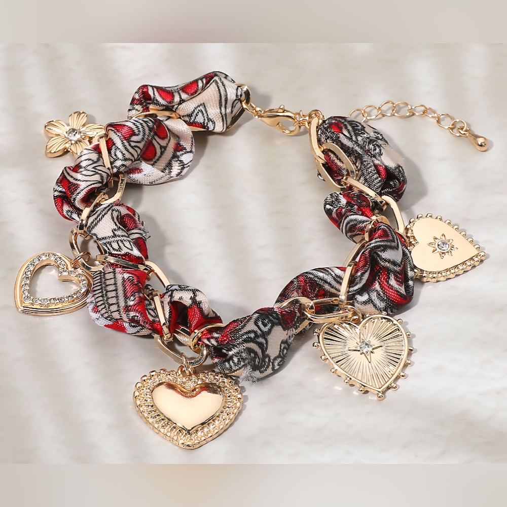 Heart Charm Braided Fabric Chain Bracelet